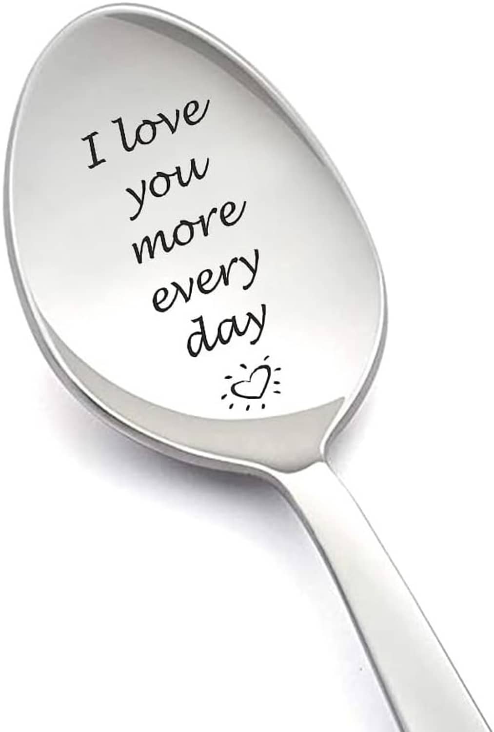 Engraved love message spoon with beige bowl and silver handle, 'I love you more every day'