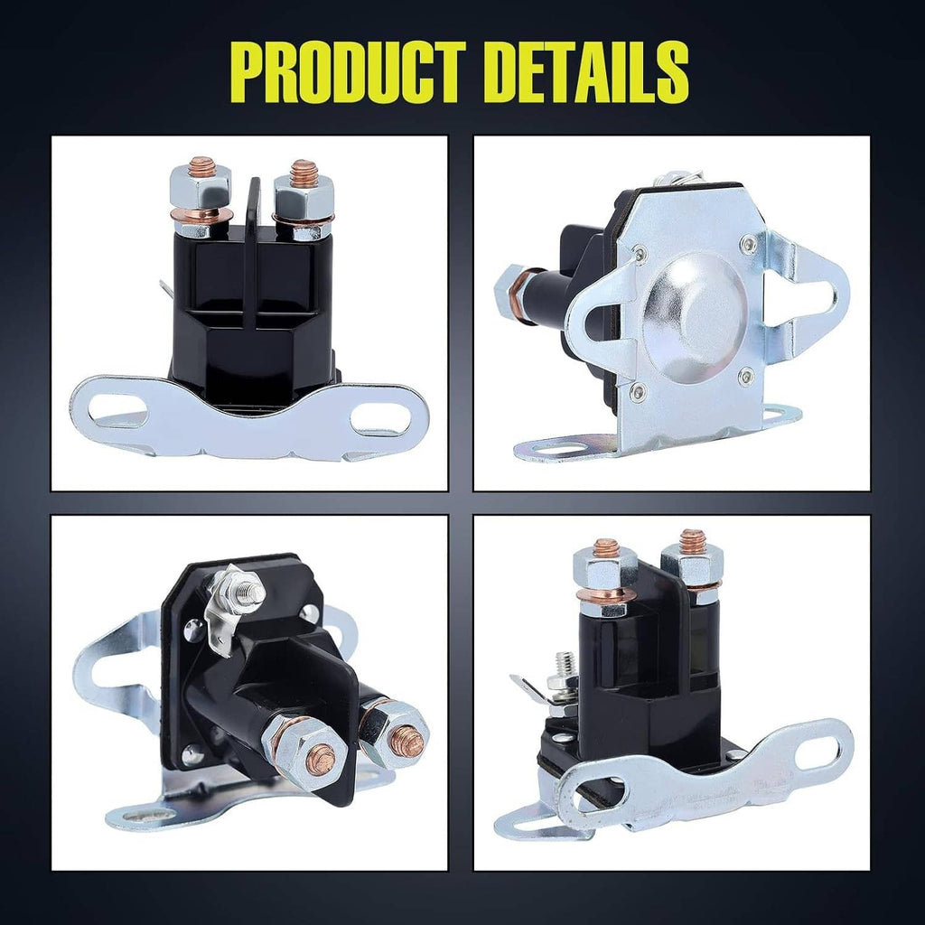 12V lawn mower starter solenoid product detail views with black housing and metal bracket