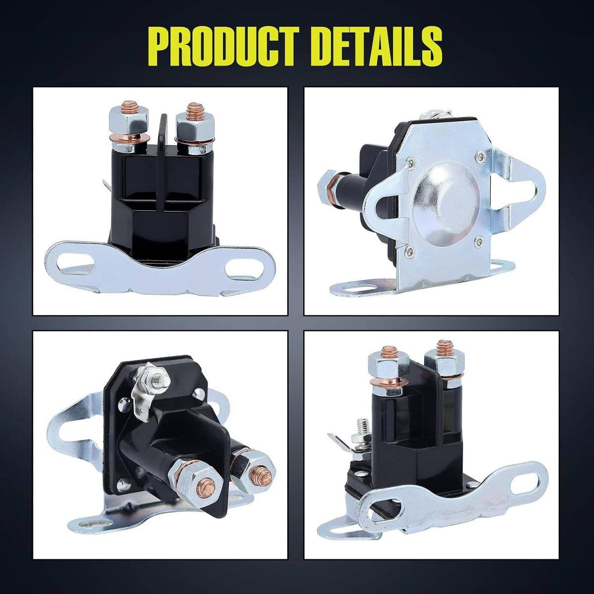 12V lawn mower starter solenoid product detail views with black housing and metal bracket