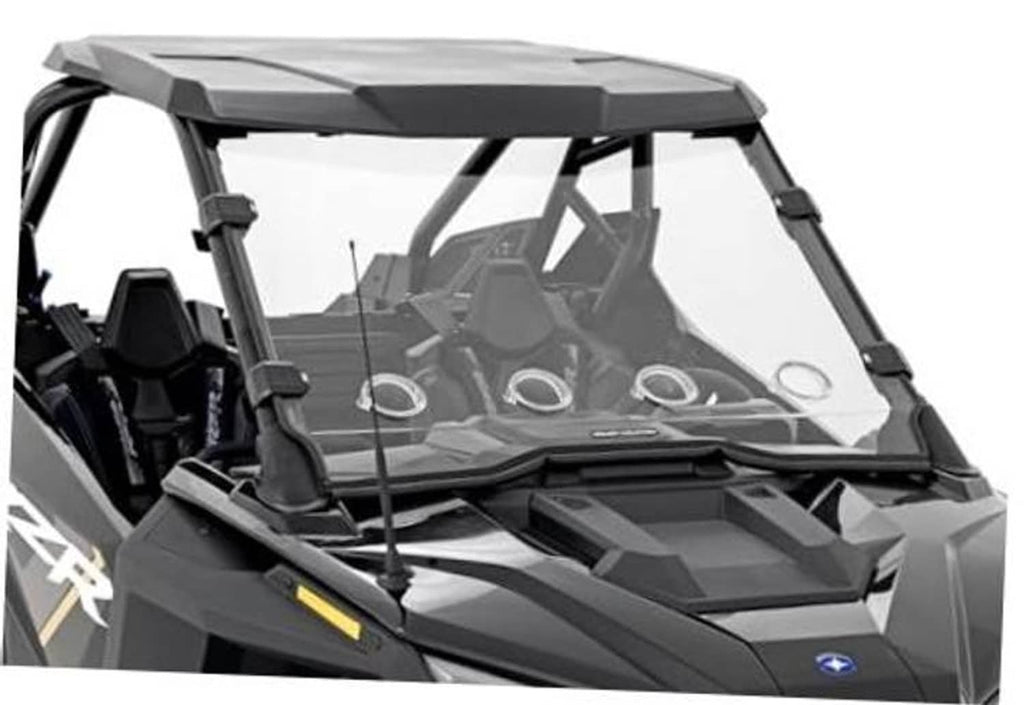 UTV full windshield with clear panel, black supports, and vented lower frame