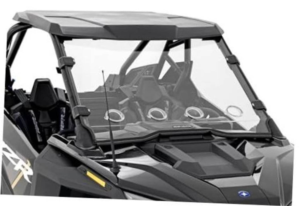 UTV full windshield with clear panel, black supports, and vented lower frame