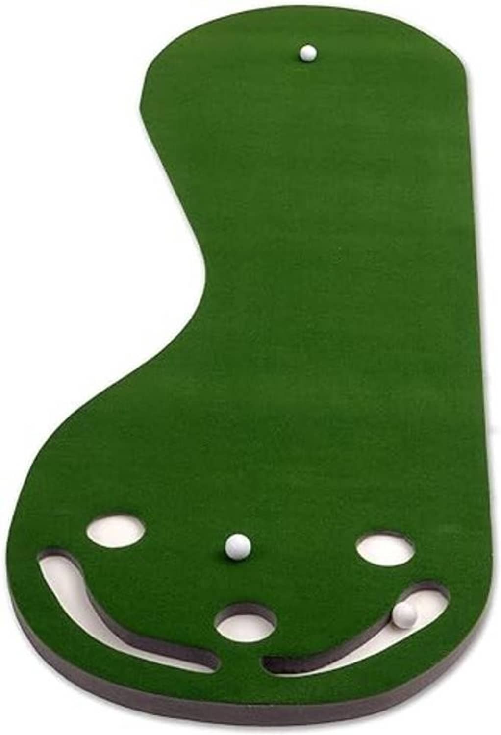 Dark green golf putting green mat with several cup holes and two curved channels