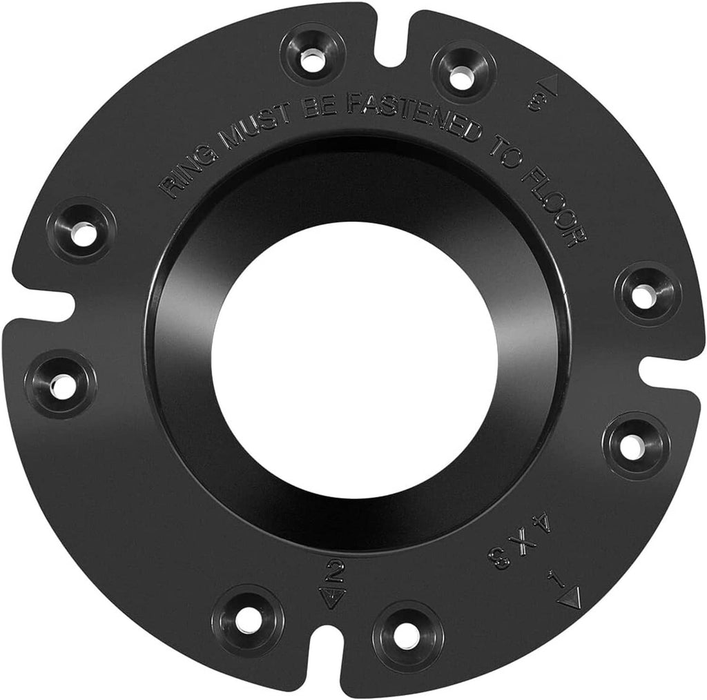 Black toilet floor flange faceplate with center opening and four corner bolt holes
