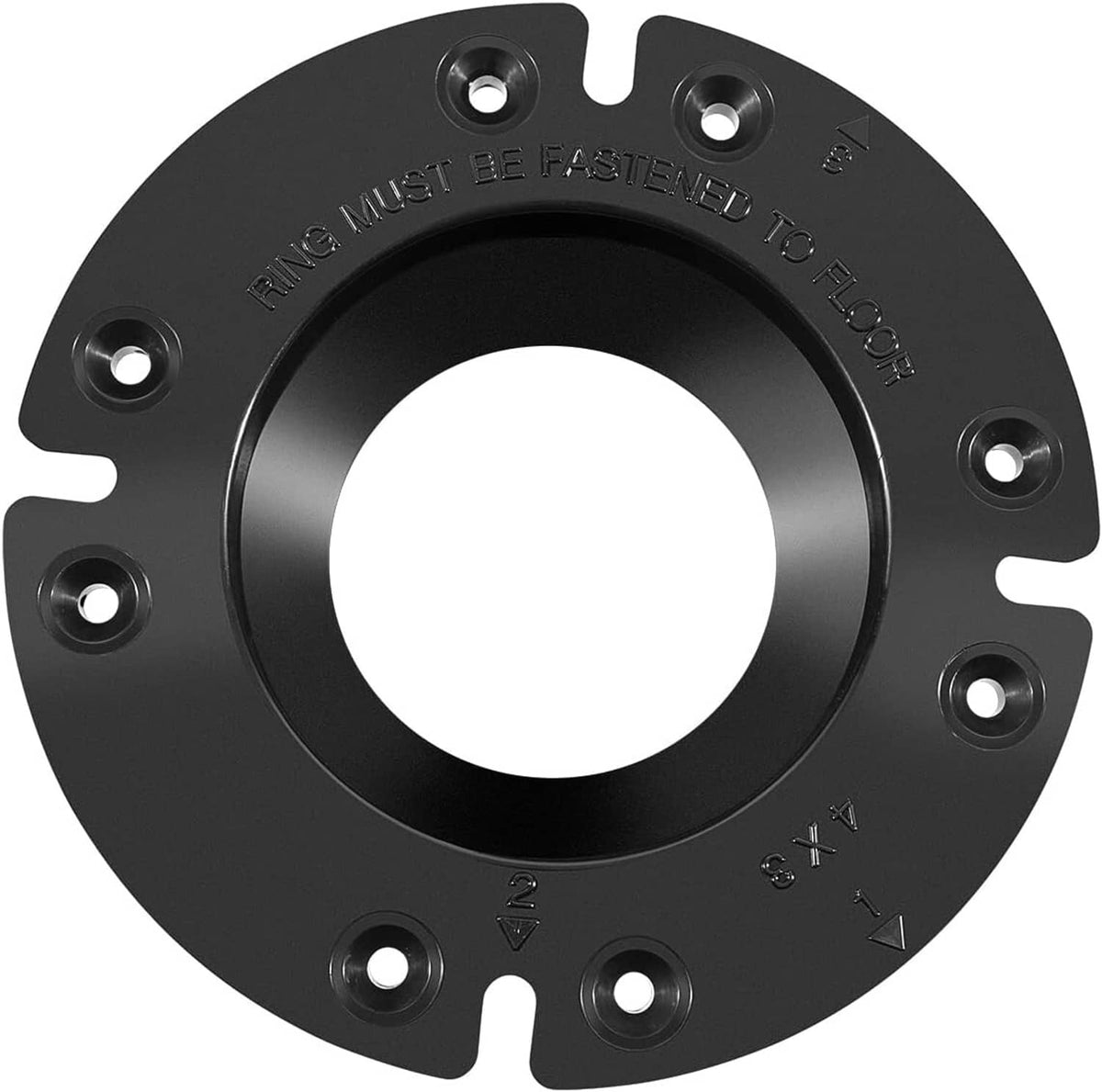 Black toilet floor flange faceplate with center opening and four corner bolt holes