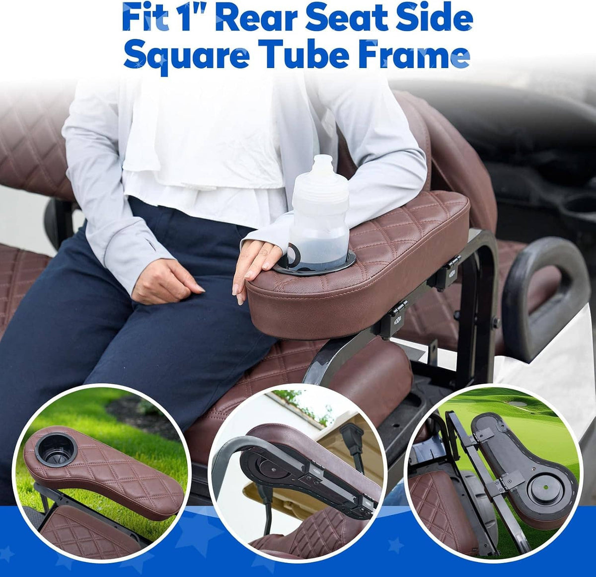 Brown quilted rear seat cover being installed on a golf cart frame