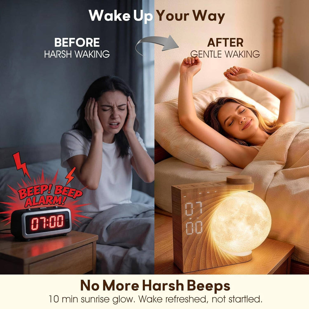 Moon alarm clock with glowing display on bedside nightstand