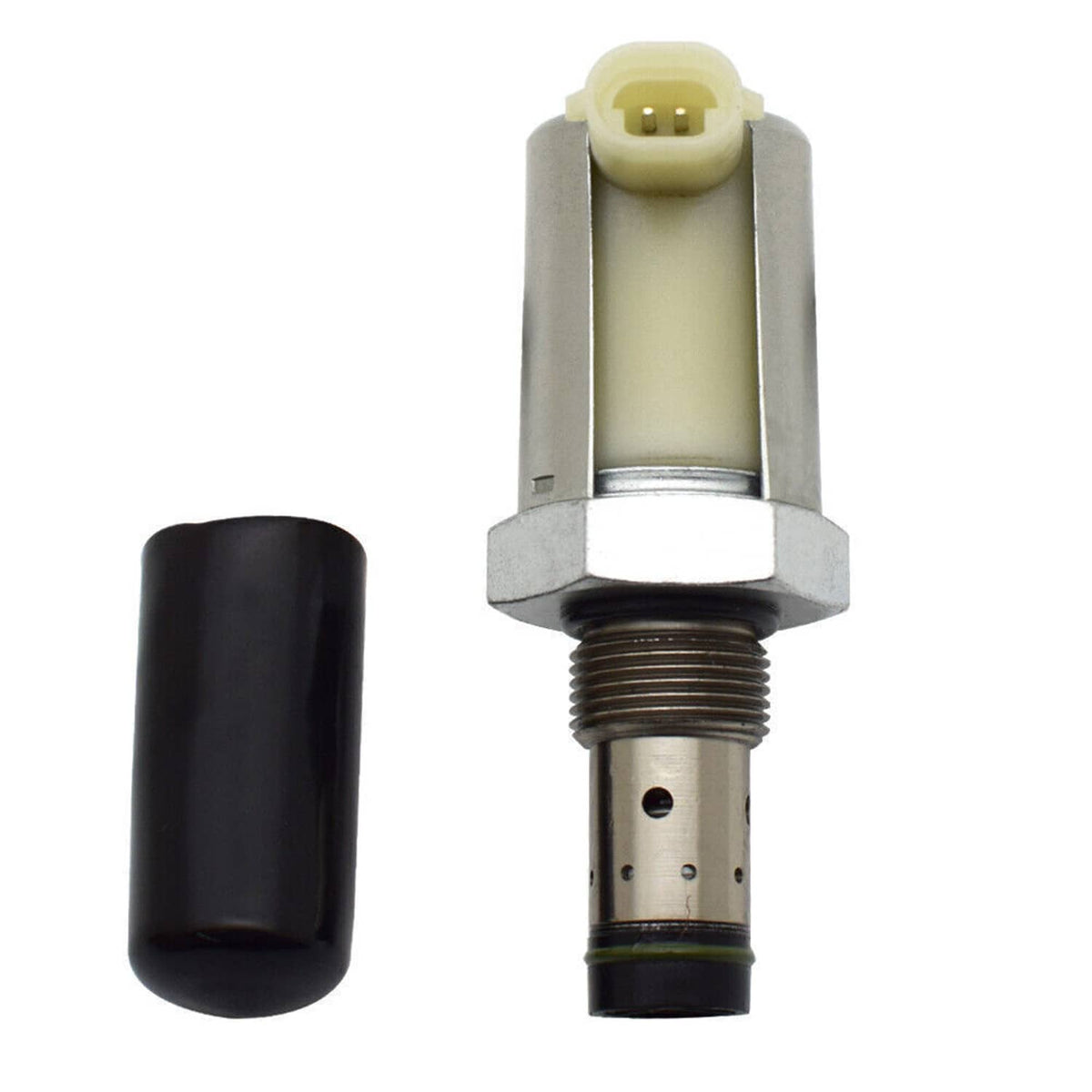 Injector pressure regulator valve with hex nut, threaded inlet, and black cap