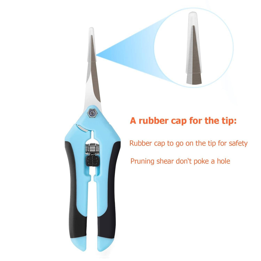 Blue pruning shears with rubber safety cap on blade tip, black non-slip grip