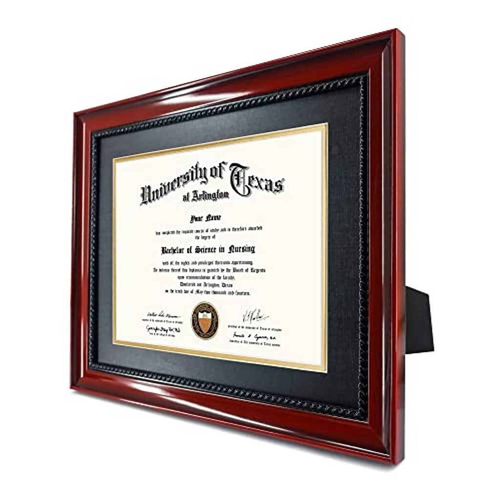 Cherry diploma frame with black mat and cream border, angled view on kickstand