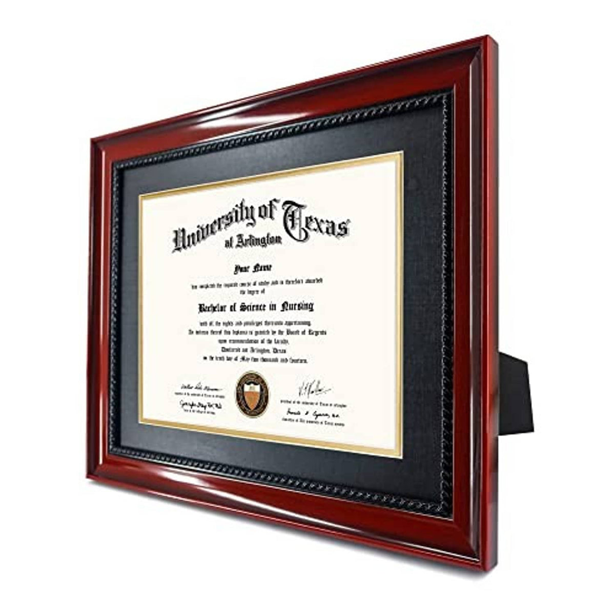 Cherry diploma frame with black mat and cream border, angled view on kickstand