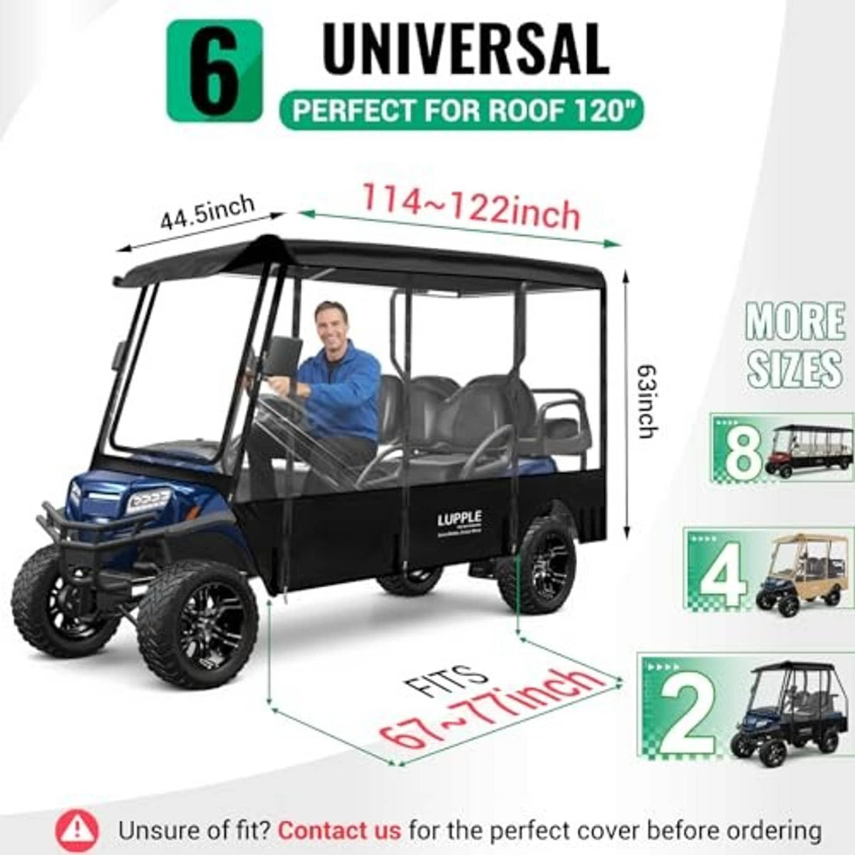 Black golf cart rain cover diagram for 6-passenger fit with roof size measurement guides