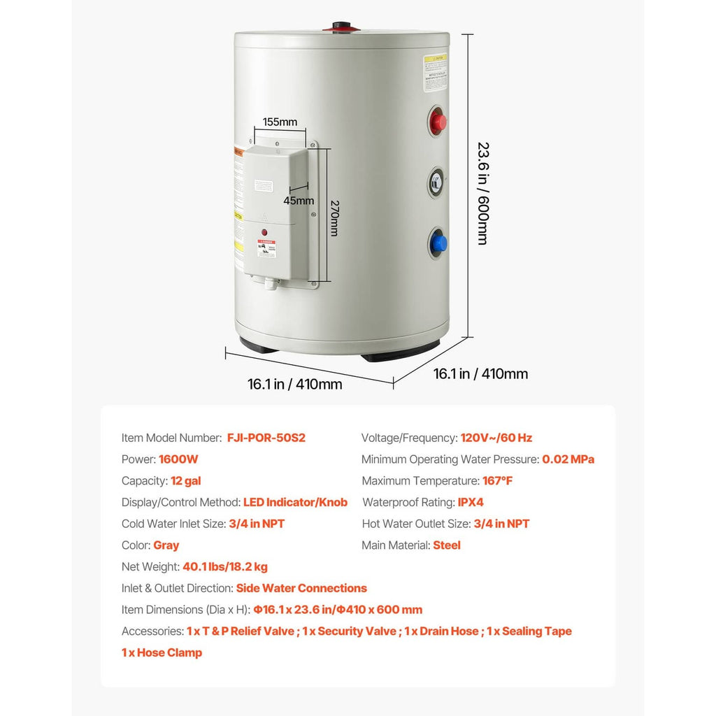 Electric water heater with dimensions and specification label on a white cylinder tank