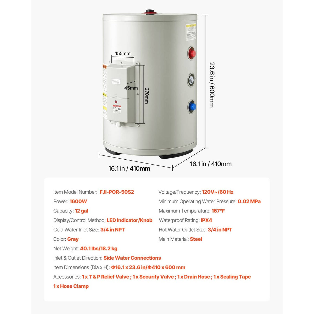 Electric water heater with dimensions and specification label on a white cylinder tank