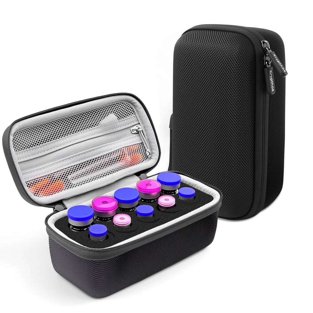 Black insulin vial protector case with zipper and open foam insert holding 10 slots