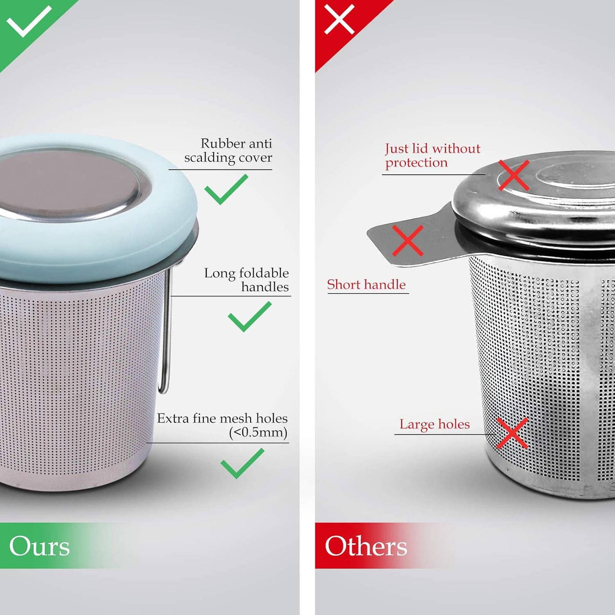 Stainless steel tea infuser with extra-fine mesh and long folding handle