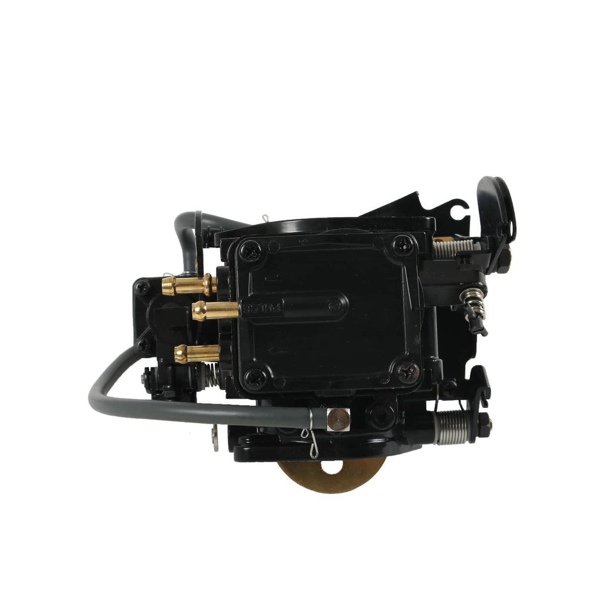 Side-view carburetor with black housing, springs, and threaded connection ports