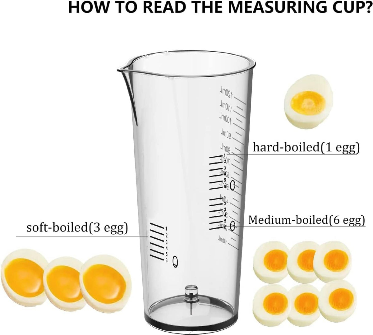 Measuring cup with labeled egg doneness and six egg halves with yolks