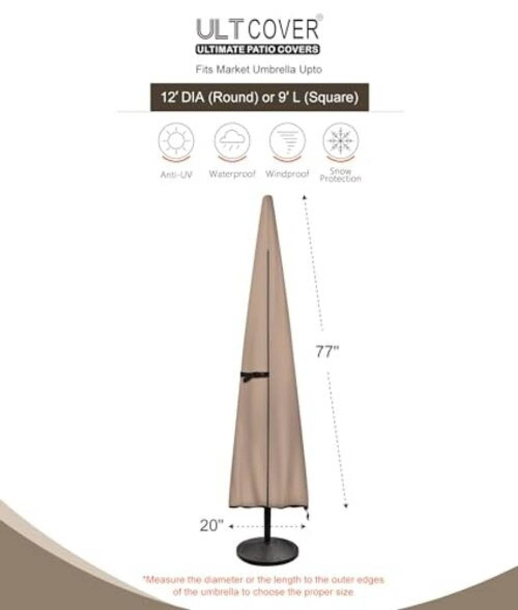 Patio umbrella cover shown with height and fit outline for market umbrellas, beige with black trim.