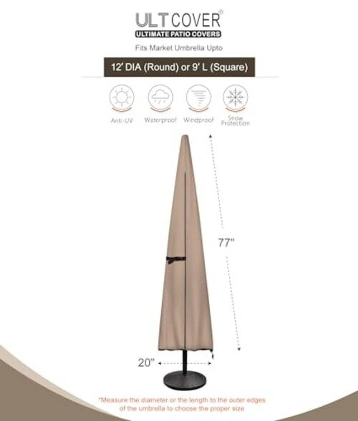 Patio umbrella cover shown with height and fit outline for market umbrellas, beige with black trim.