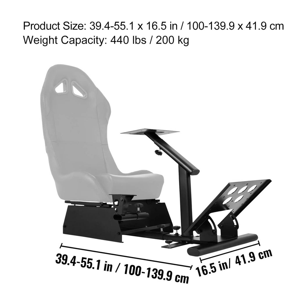 Racing wheel stand with gray seat and measurements for length and width