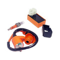 Orange ignition CDI box kit with wiring harness, spark plug, and coil connector set