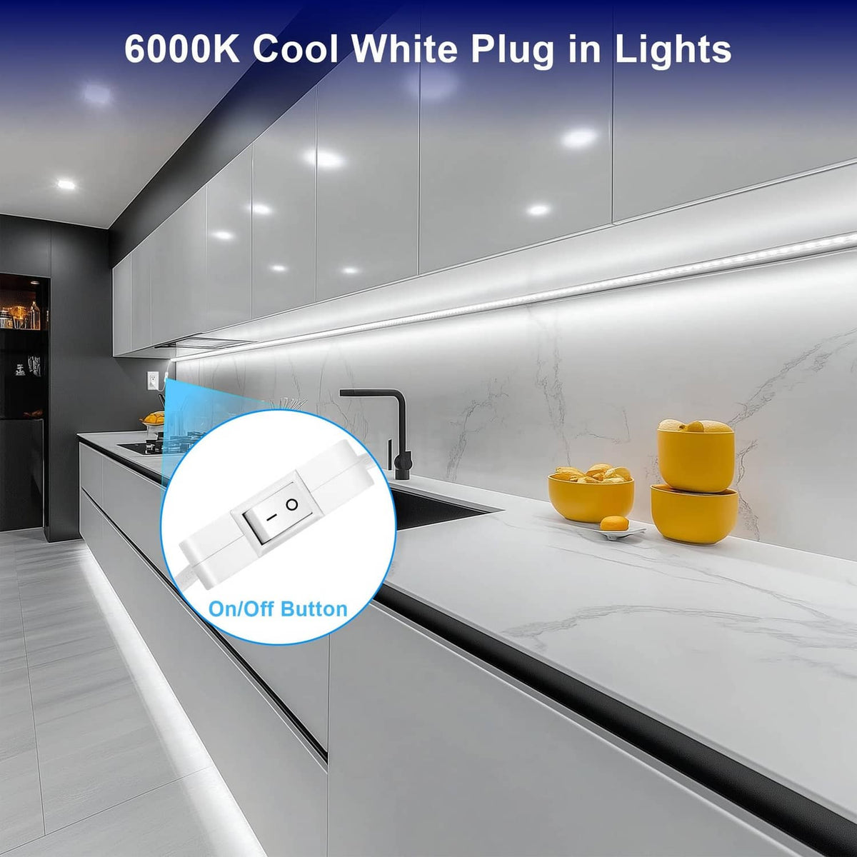Under-cabinet LED strip light with cool white plug-in controller and on/off button