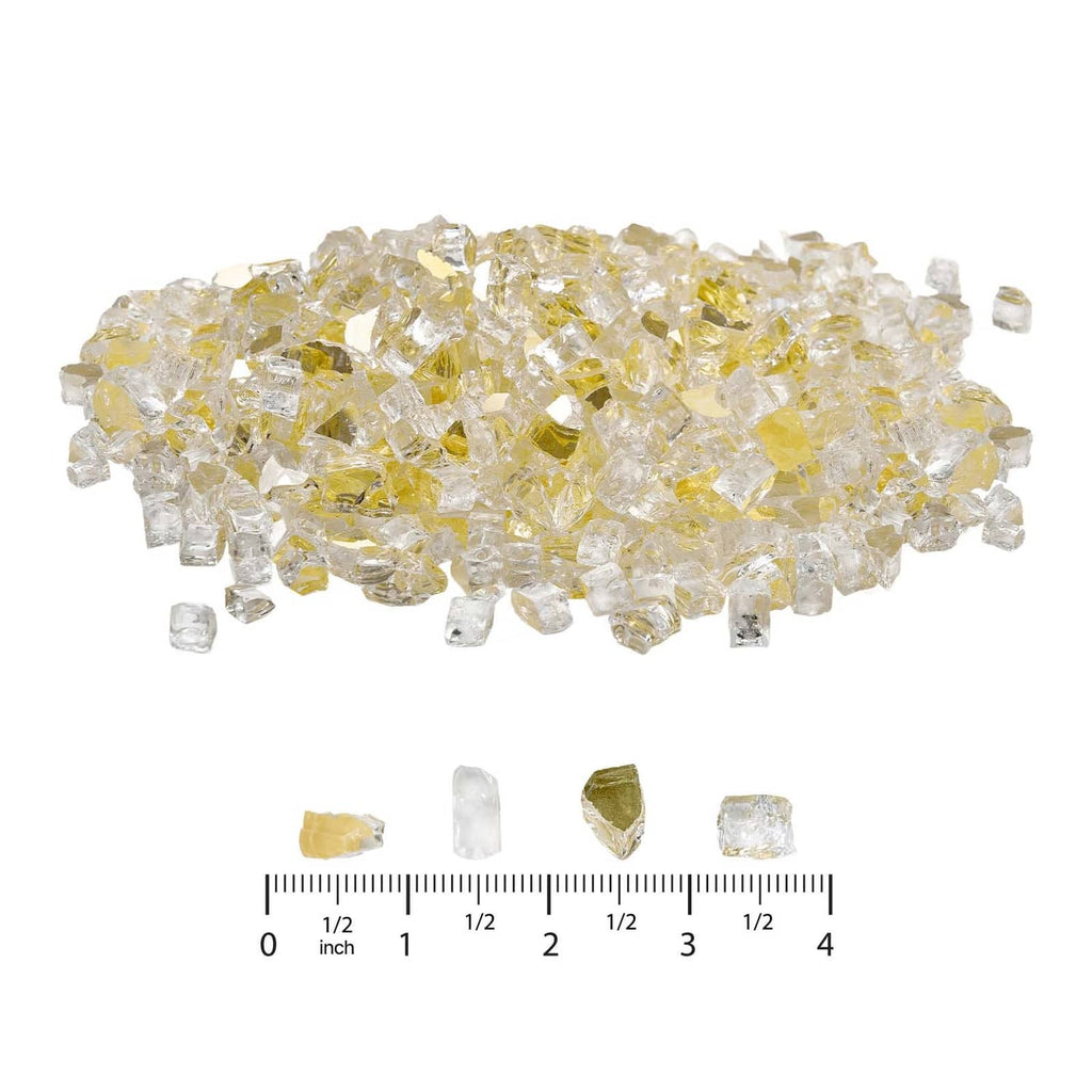 Gold crushed fire pit glass rocks with sample cubes beside a ruler