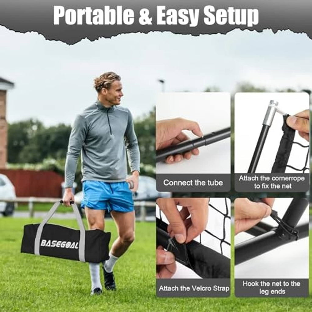 Baseball backstop practice net with black carry bag and connected tubes for easy setup