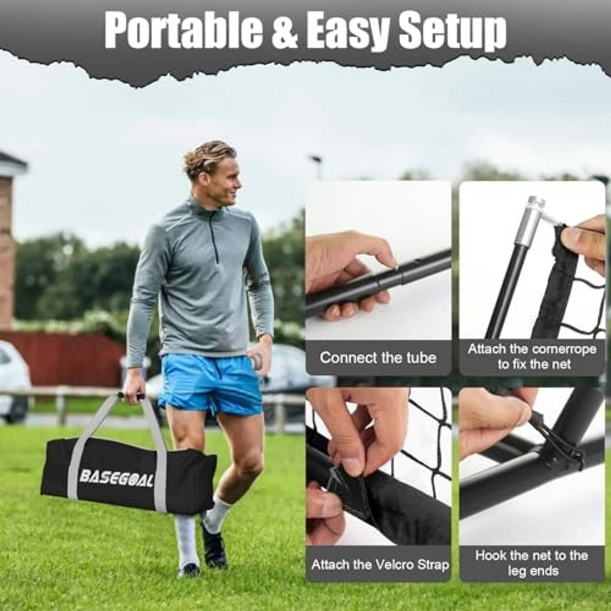Baseball backstop practice net with black carry bag and connected tubes for easy setup