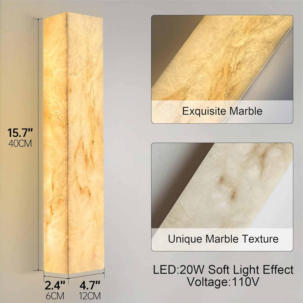 Rectangular natural marble wall sconce with warm light effect and beveled edges