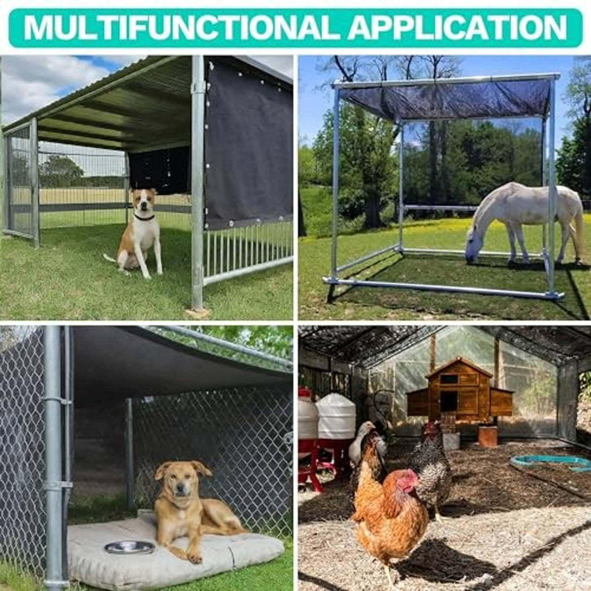 Black shade cloth tarp used as outdoor cover for kennel and pen structures with grommets