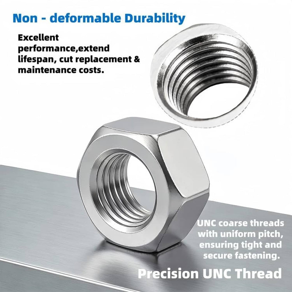 Stainless hex nut close-up showing internal threads, polished silver finish