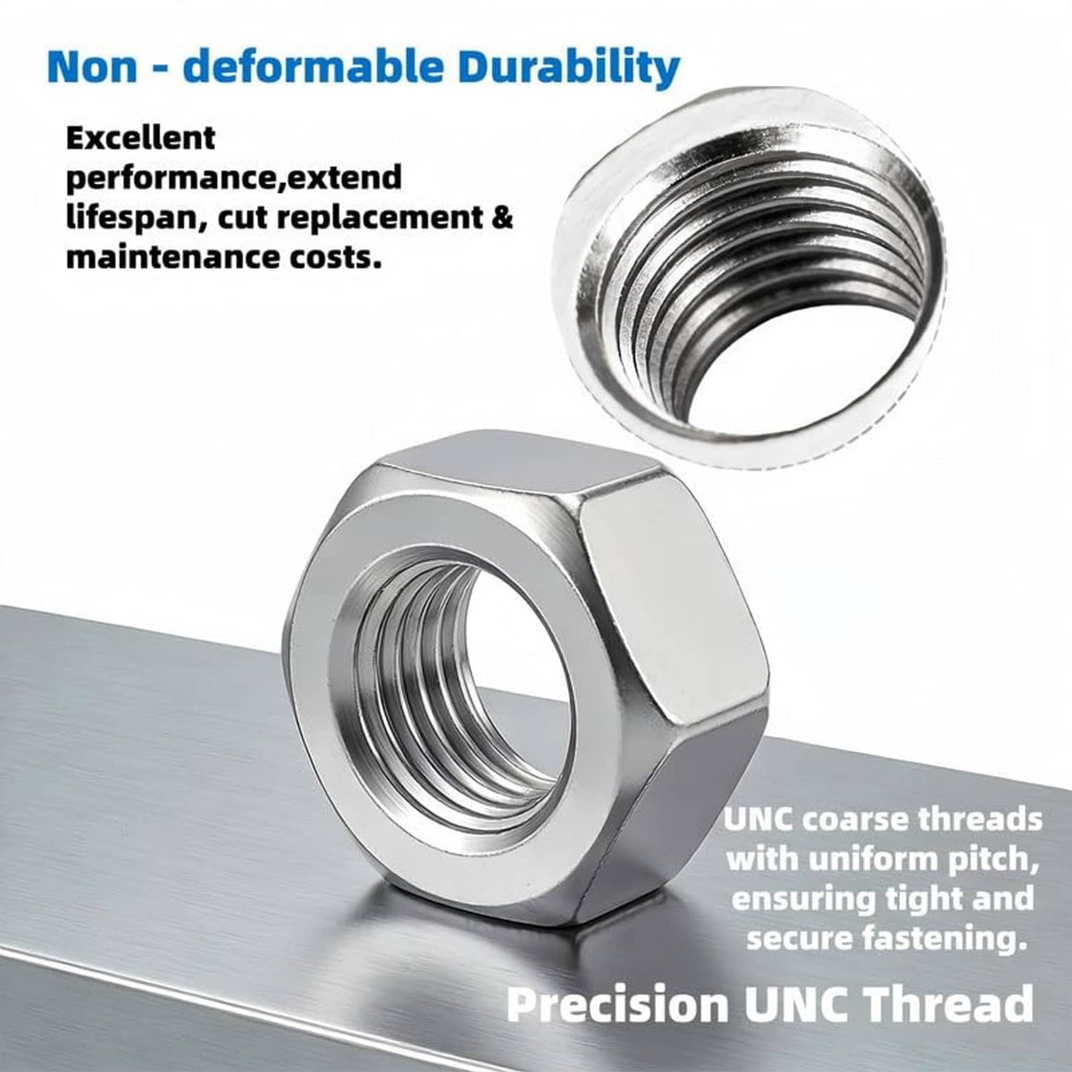 Stainless hex nut close-up showing internal threads, polished silver finish