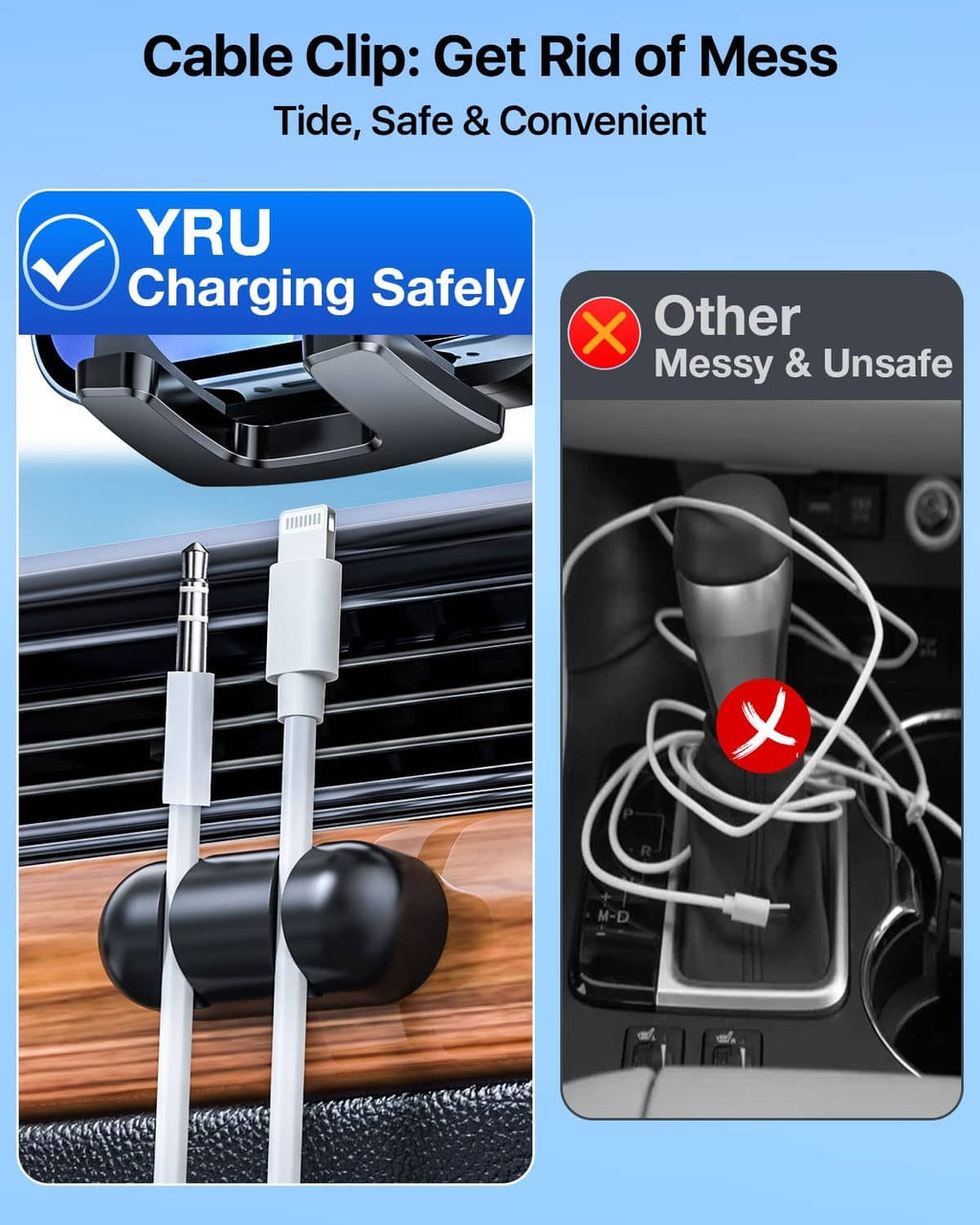 Car phone holder mount with cable clips to neatly organize charging cords