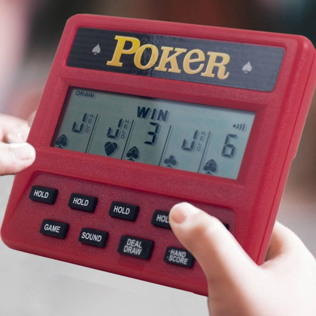 Red handheld poker game held in hand, showing LCD win and cards display.
