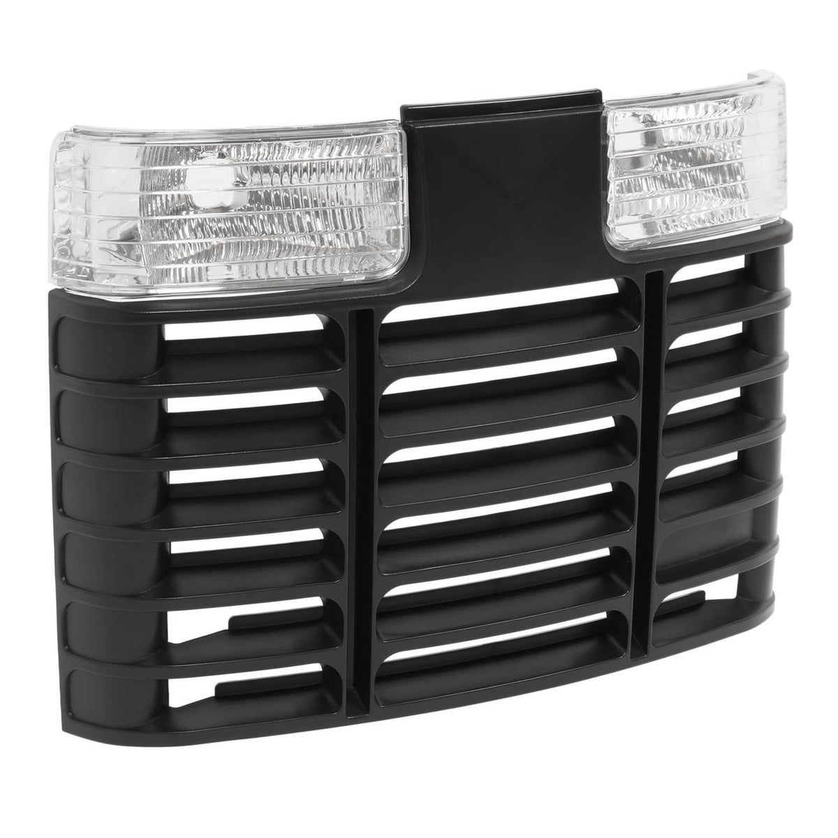 Black plastic grille insert with two rectangular clear headlight lenses and side vents