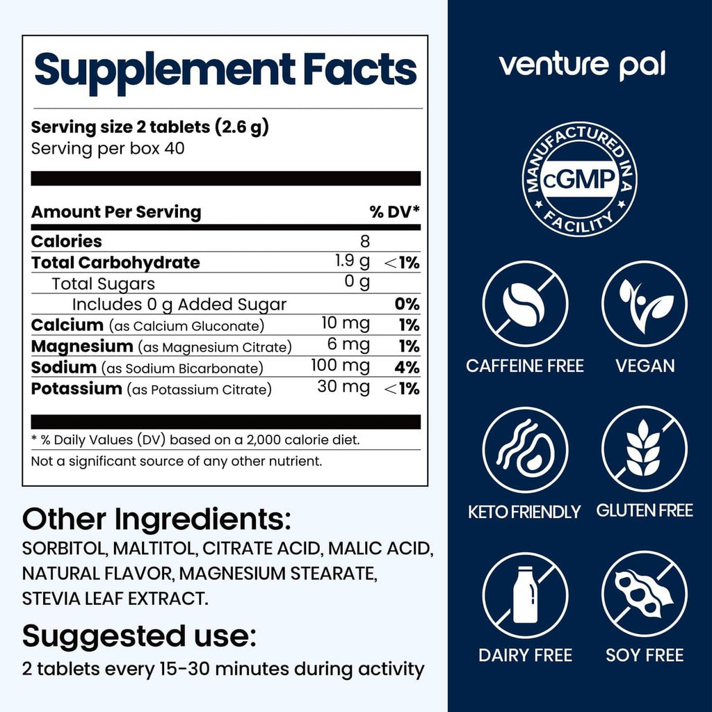 Supplement Facts label with vegan, caffeine free, gluten free icons for chewable tablets