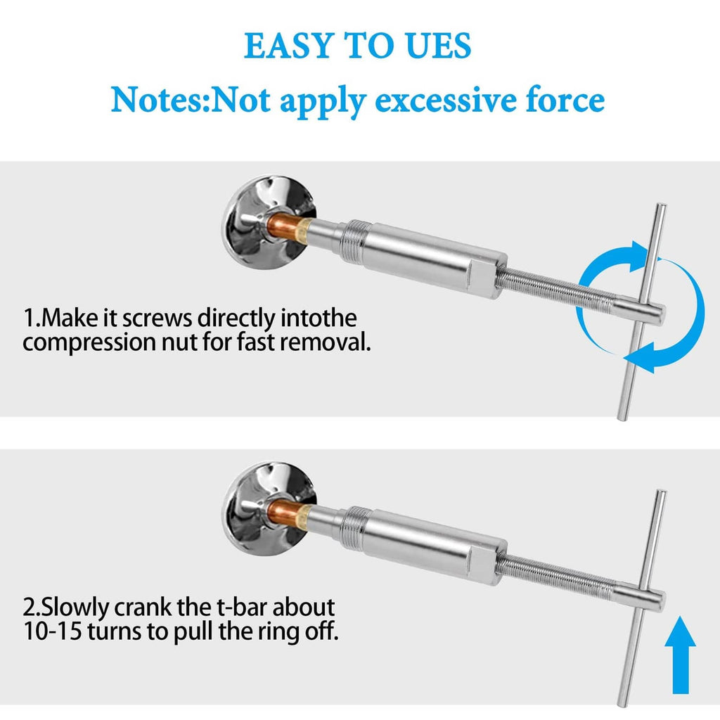 Compression sleeve puller tool with wall-mounted crank bar for ring removal, chrome finish.