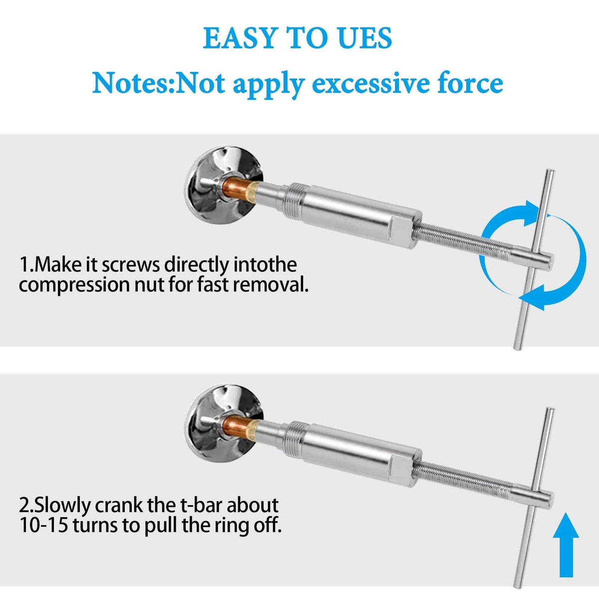Compression sleeve puller tool with wall-mounted crank bar for ring removal, chrome finish.