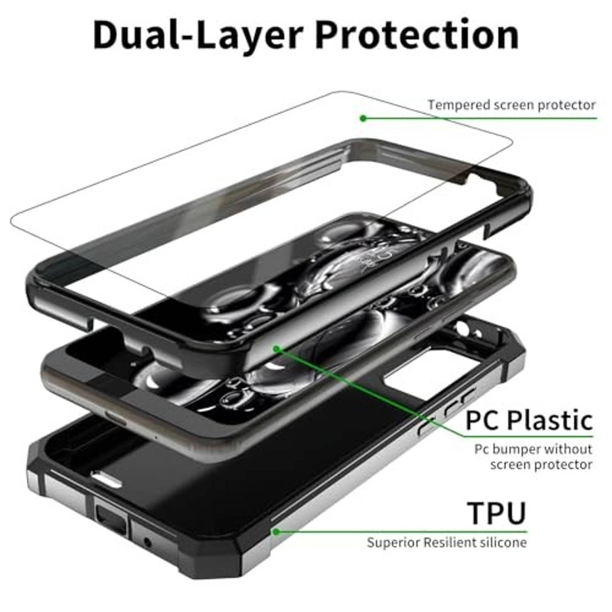 Dual-layer rugged phone case with screen protector, dark frame and raised edges