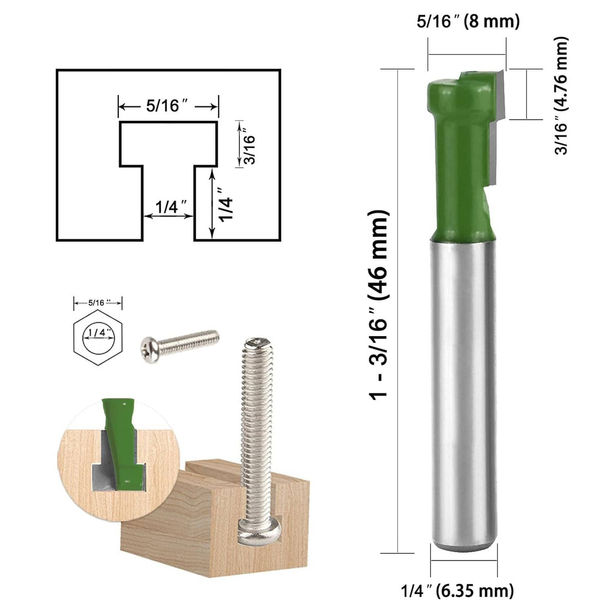 Keyhole router bit with green head; 1/4 in shank and 5/16 in size shown