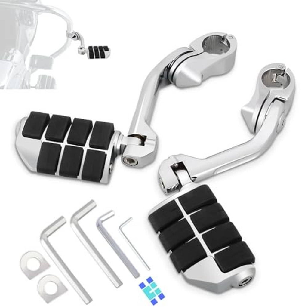 Set of two chrome adjustable foot pegs with black rubber block pads and mounting arms