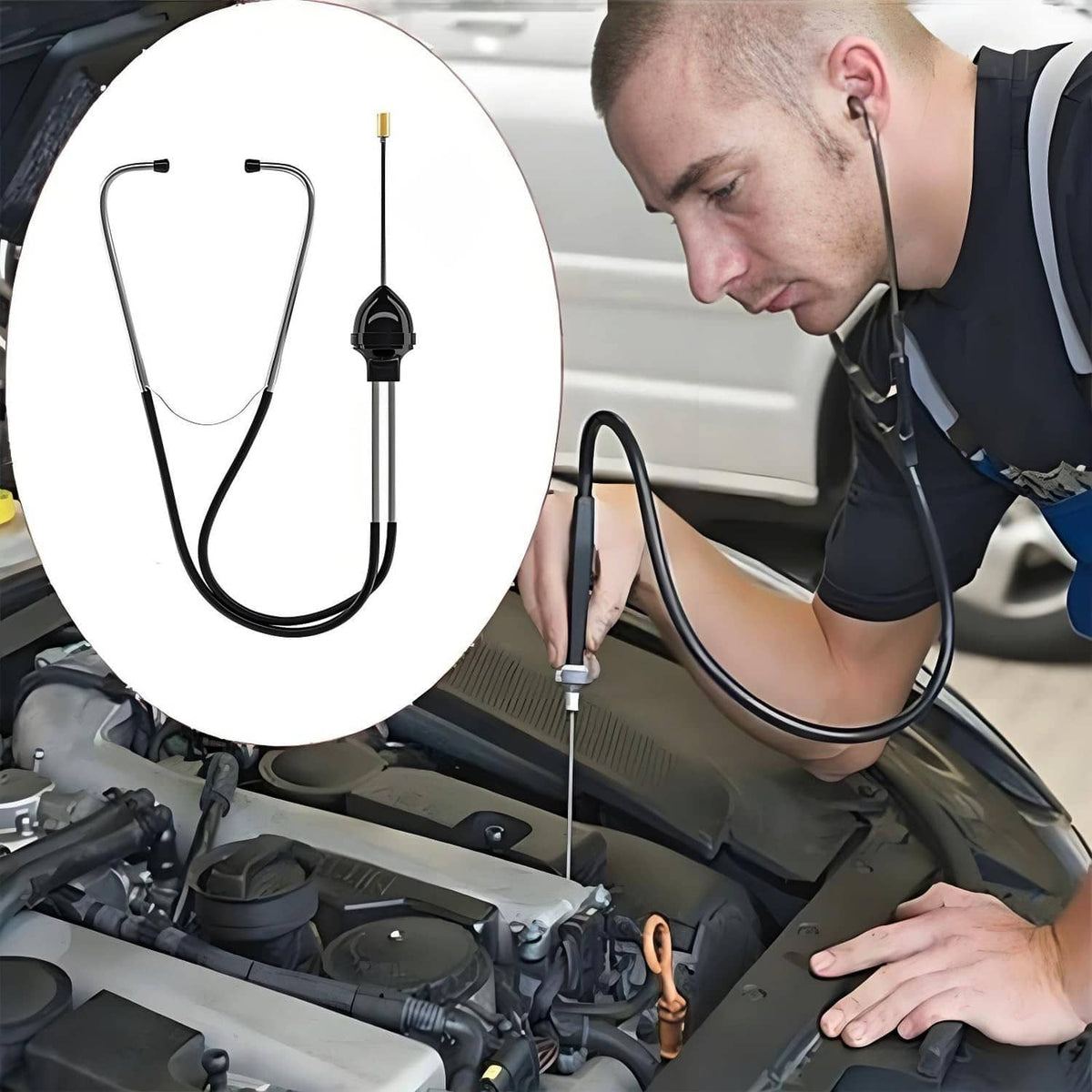 Black stethoscope in car engine bay with silver stems and black chest diaphragm
