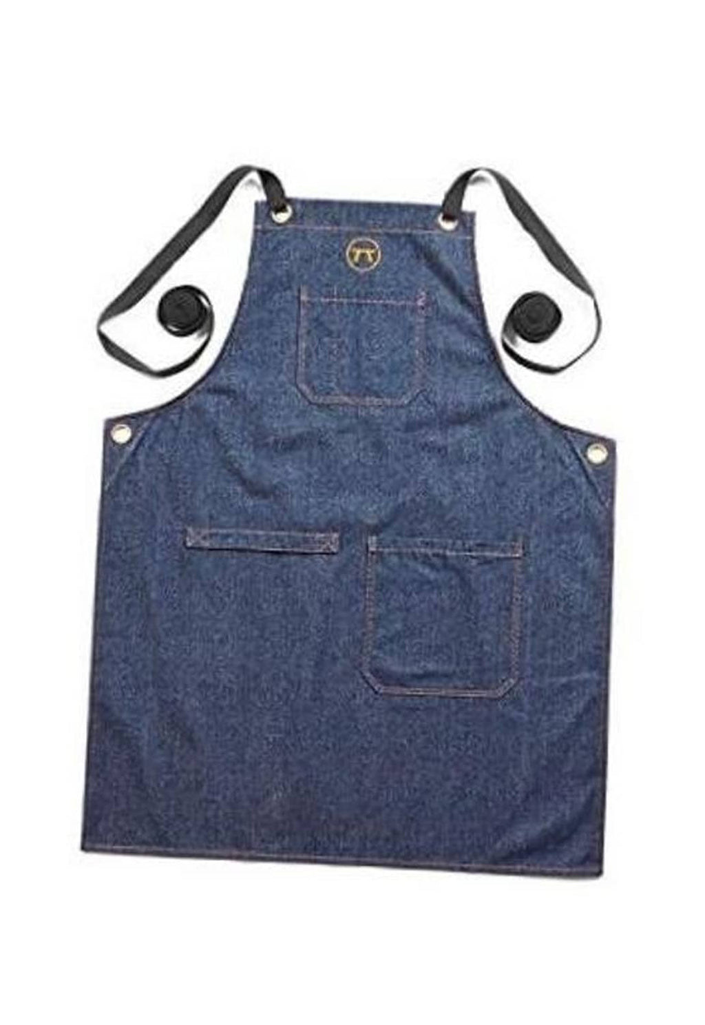 Blue denim grill apron with cross-back straps and two front pockets