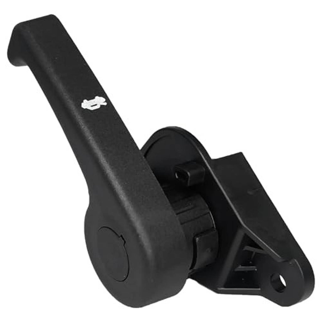 Black hood latch release handle and bracket, side view with small pull symbol