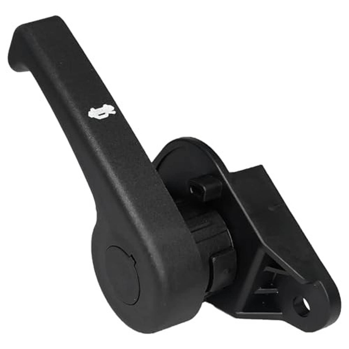 Black hood latch release handle and bracket, side view with small pull symbol