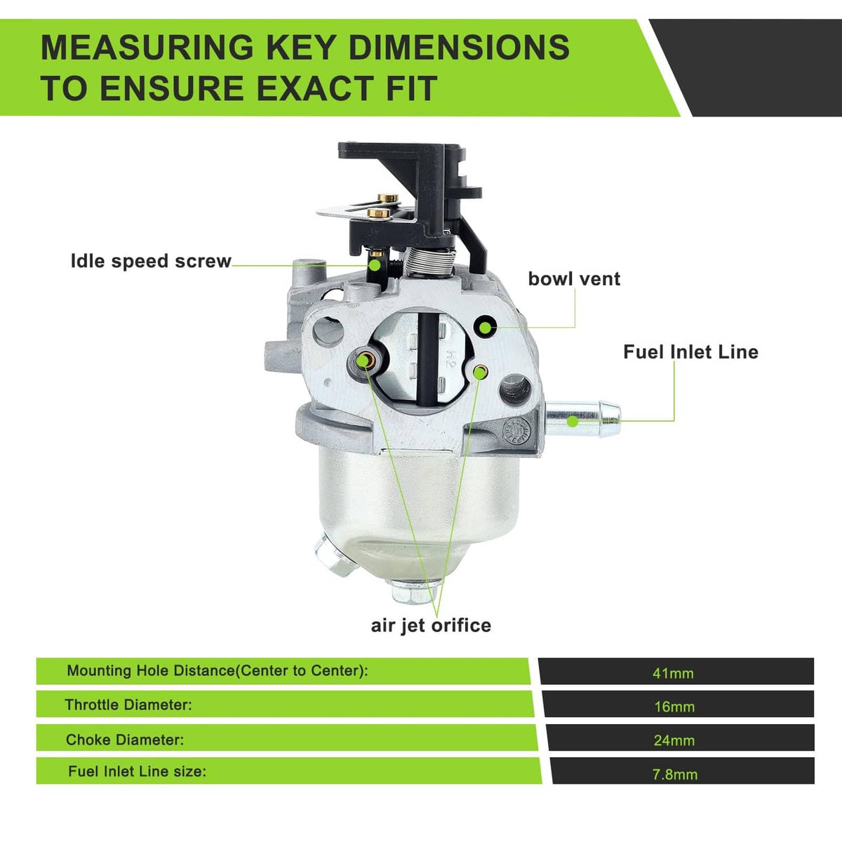 Carburetor assembly with measurement callouts for idle speed, vents, and inlet line