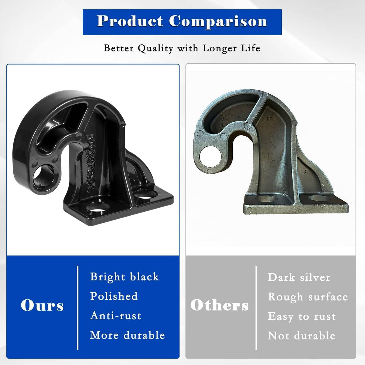 Black right-hand lower hood pivot bracket, product comparison view