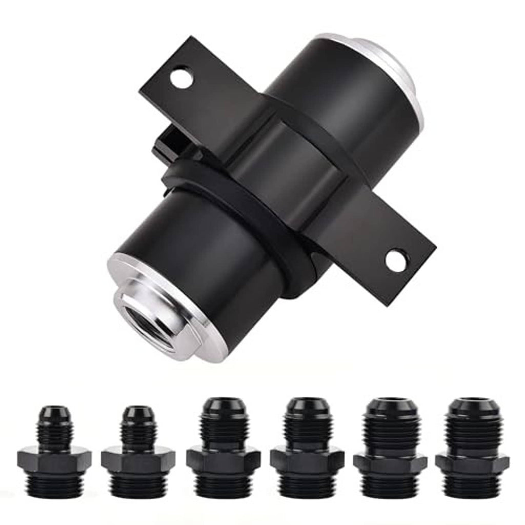 Inline fuel filter kit with black canister, silver port, mounting plate, and AN fittings