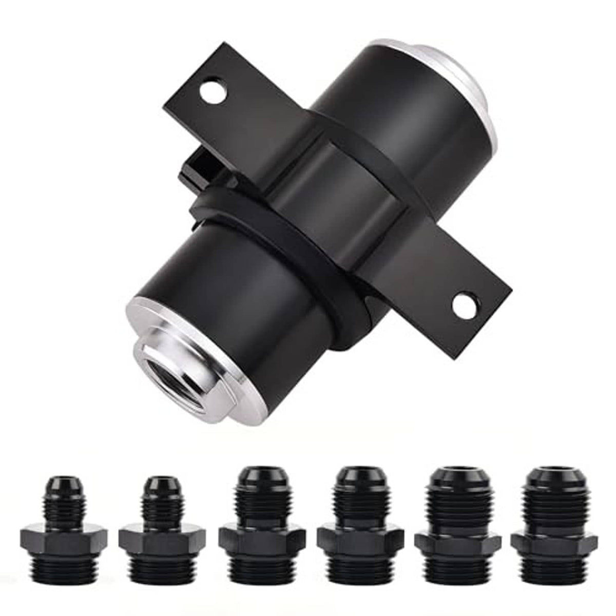 Inline fuel filter kit with black canister, silver port, mounting plate, and AN fittings